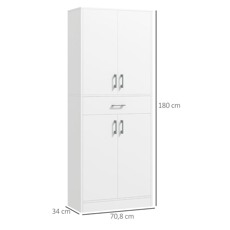 Armário de Cozinha Móvel de Cozinha com 4 Portas 1 Gaveta e Prateleiras Ajustáveis Anti-Tombo Armário de Cozinha Moderno para Sala de Jantar Sala de Estar 70,8x34x180 cm Branco