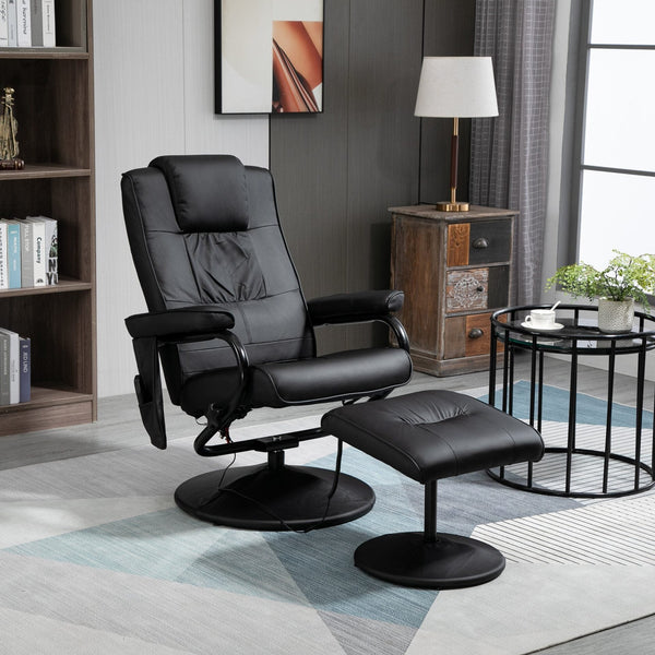 Poltrona de Massagem Elétrica com Banco para Apoiar os Pés Poltrona Relax Giratório Reclinável em até 145° com Controle Remoto e 10 Zonas de Massagem Estofado em PU 77x84x95cm Preto