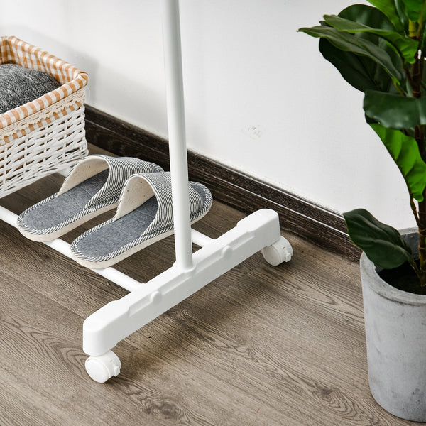 Charriot com Altura Ajustável Cabide com Rodas Portátil Prateleira Inferior Aço 68,5x42x87-145cm Branco e Prata