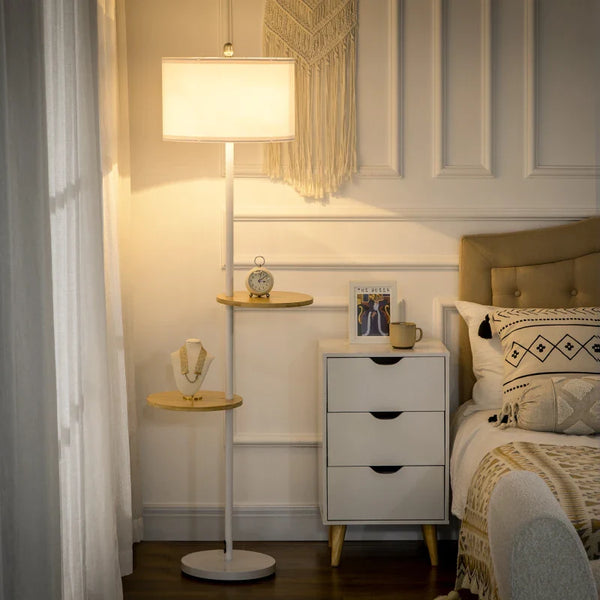 Candeeiro de Pé com Prateleiras Candeeiro de Pé Moderno Lâmpada E27 Máx. 40W com Ecrã de Linho e Interruptor de Pé para Sala de Estar Dormitório Habitação Ø40x163 cm Branco