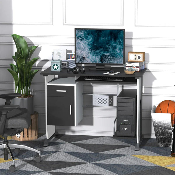 Mesa para Computador com Gaveta Armário e Suporte para CPU Secretária para Escritório Estúdio Dormitório 100x52x75cm Preto e Branco