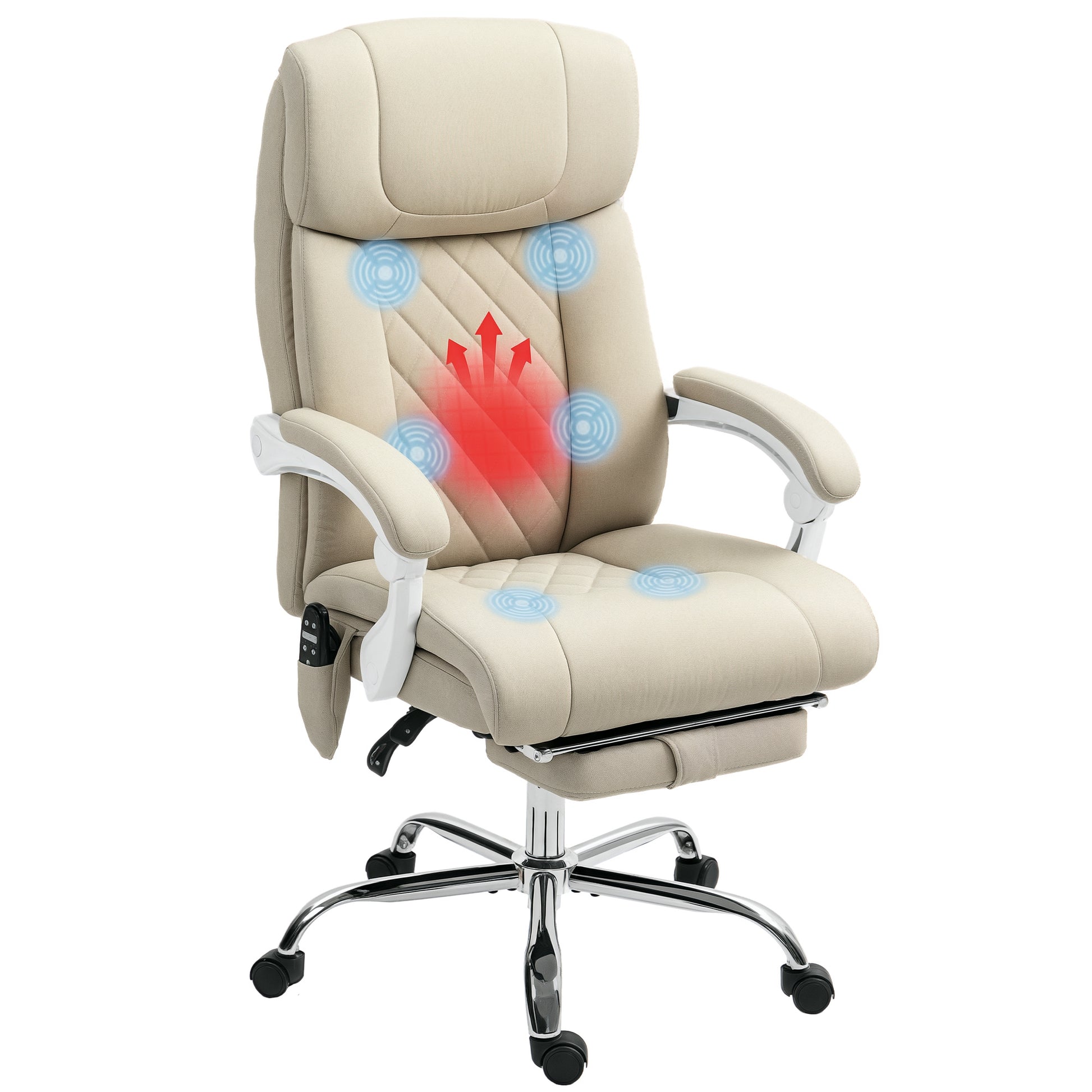 Cadeira de Escritório com Massagem Reclinável Cadeira Giratória com Altura Ajustável Função de Aquecimento Apoio para Pés Encosto Alto e Controlo Remoto para Estudo 66x70x112-120 cm Bege
