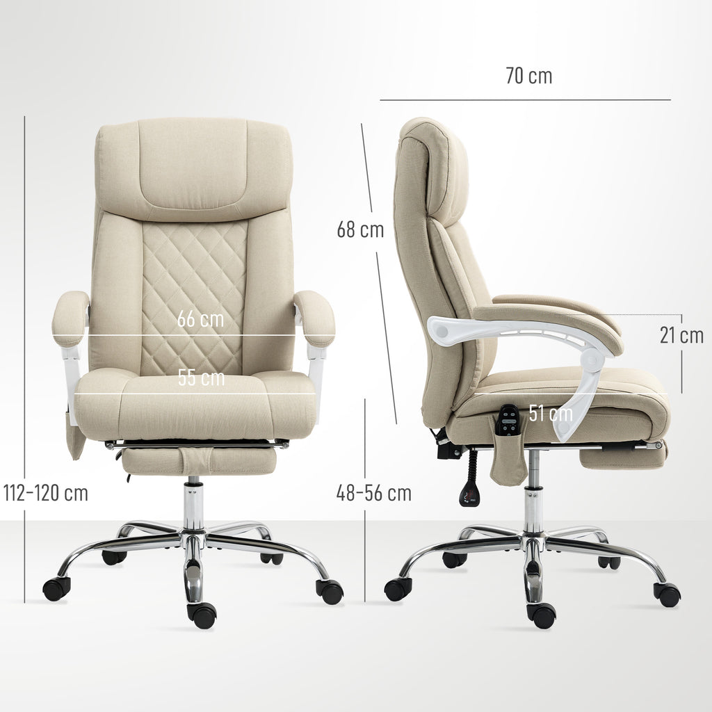 Cadeira de Escritório com Massagem Reclinável Cadeira Giratória com Altura Ajustável Função de Aquecimento Apoio para Pés Encosto Alto e Controlo Remoto para Estudo 66x70x112-120 cm Bege