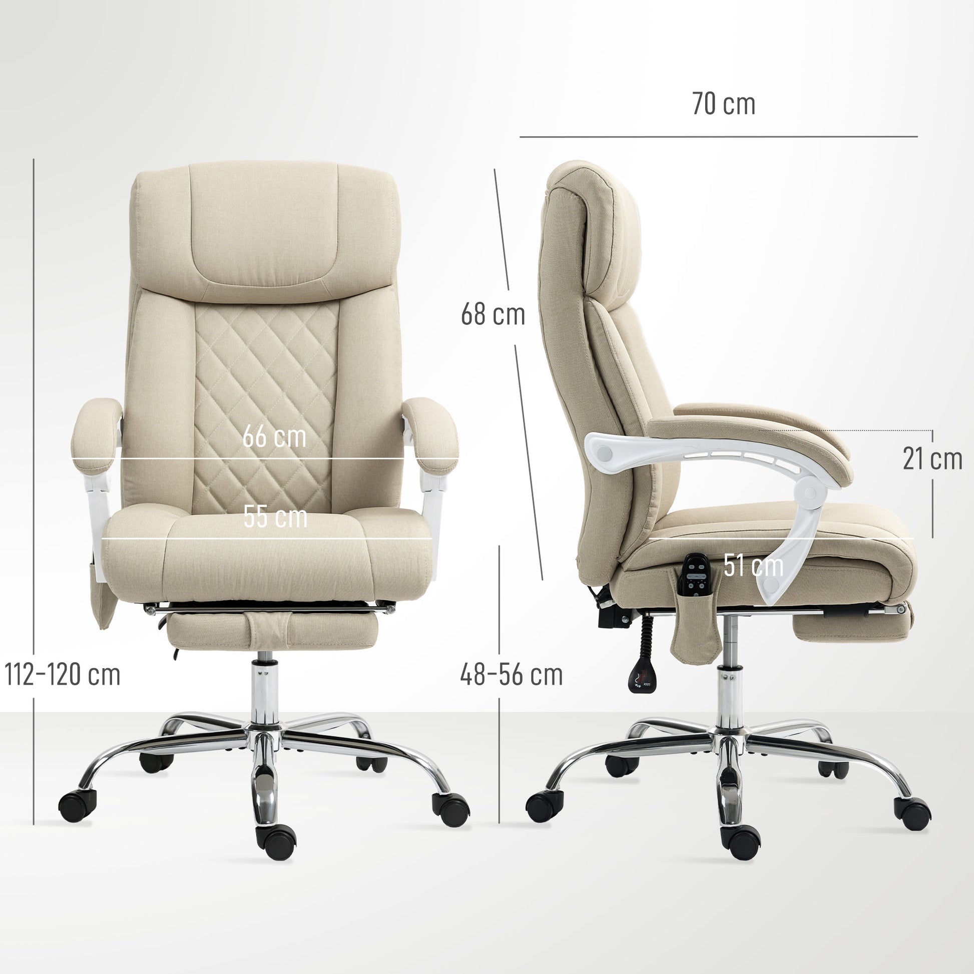 Cadeira de Escritório com Massagem Reclinável Cadeira Giratória com Altura Ajustável Função de Aquecimento Apoio para Pés Encosto Alto e Controlo Remoto para Estudo 66x70x112-120 cm Bege
