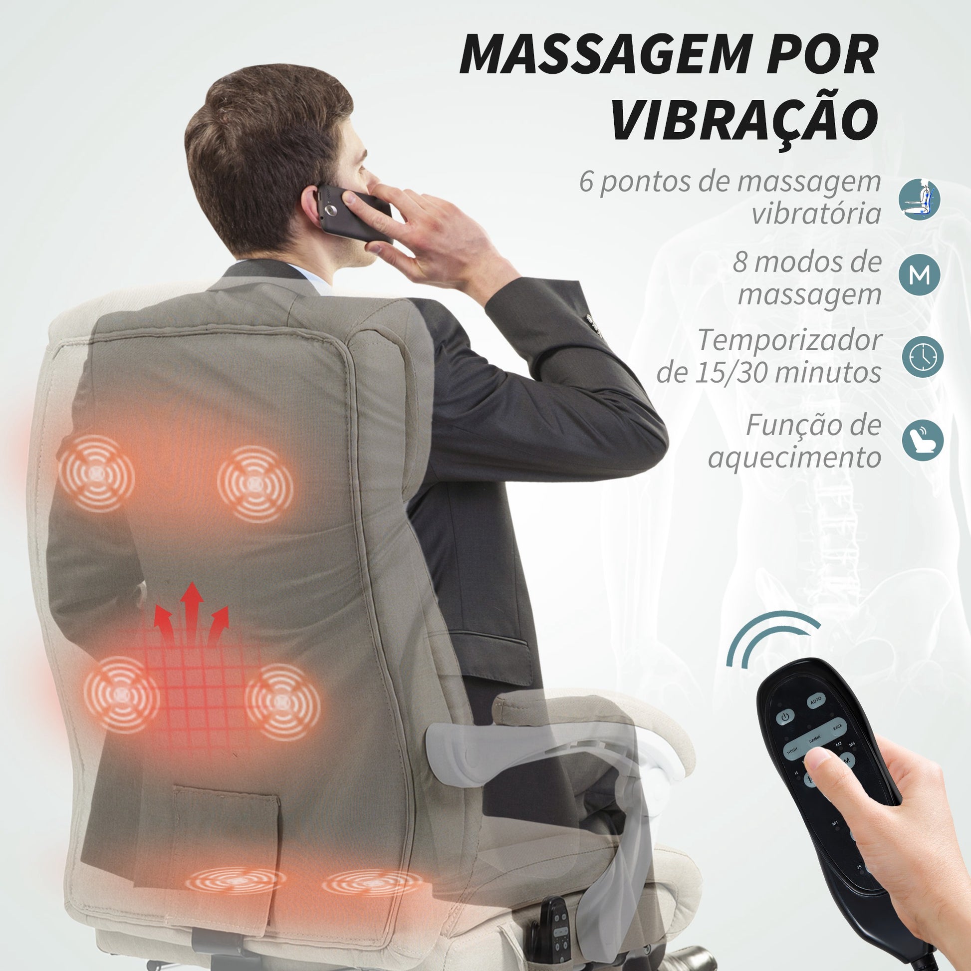 Cadeira de Escritório com Massagem Reclinável Cadeira Giratória com Altura Ajustável Função de Aquecimento Apoio para Pés Encosto Alto e Controlo Remoto para Estudo 66x70x112-120 cm Bege