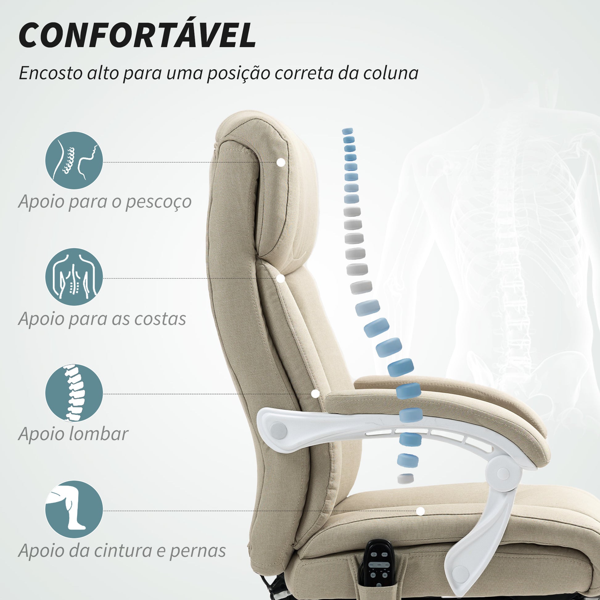 Cadeira de Escritório com Massagem Reclinável Cadeira Giratória com Altura Ajustável Função de Aquecimento Apoio para Pés Encosto Alto e Controlo Remoto para Estudo 66x70x112-120 cm Bege