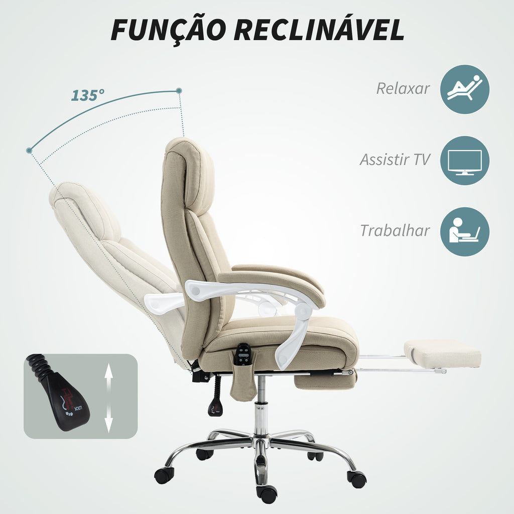 Cadeira de Escritório com Massagem Reclinável Cadeira Giratória com Altura Ajustável Função de Aquecimento Apoio para Pés Encosto Alto e Controlo Remoto para Estudo 66x70x112-120 cm Bege