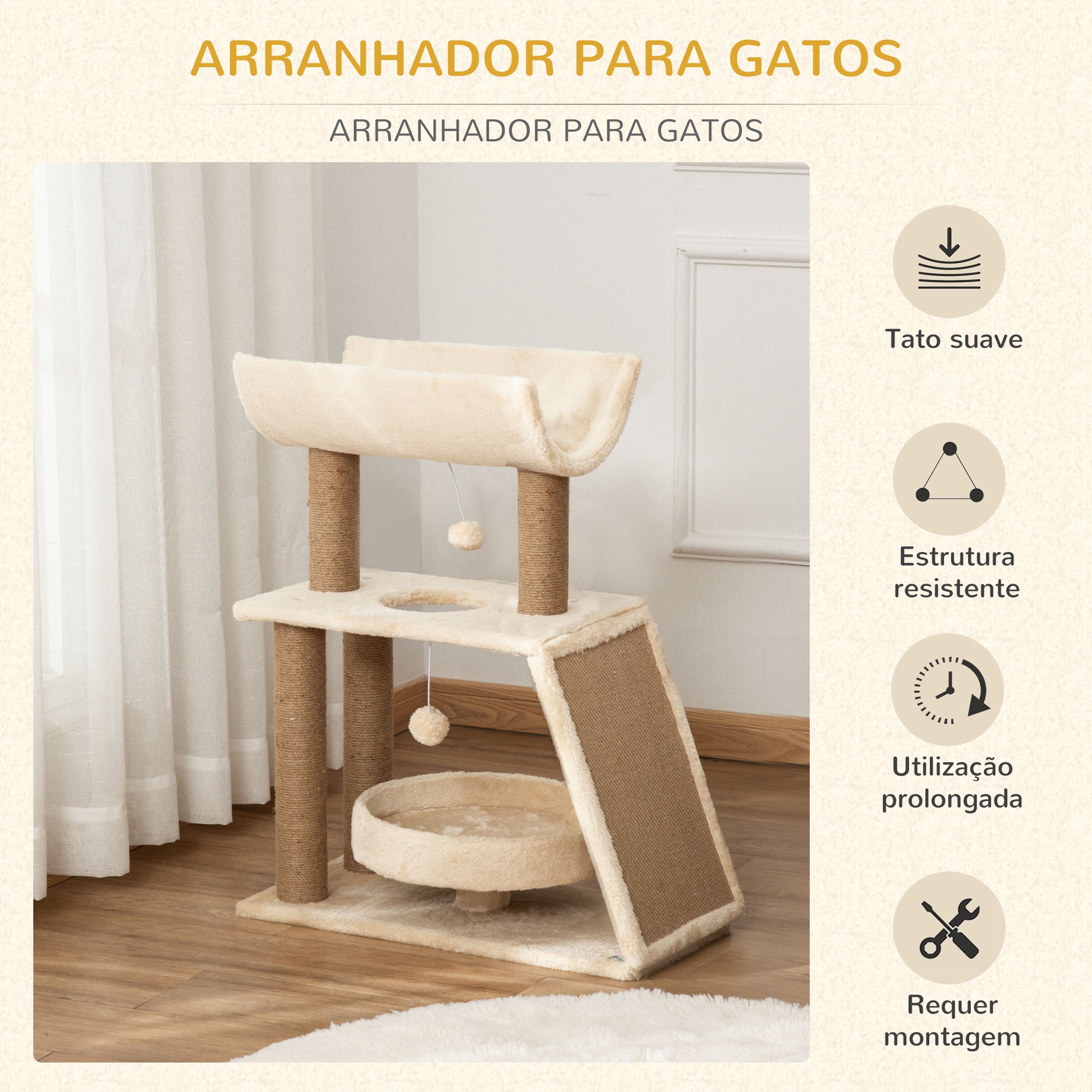 PawHut Arrador para Gatos Arranhador para Gatos Altura 76 cm com 4 Postes de Arranhar Cama Plataforma em U Almofada para Arranhar Bolas Suspensas Bege e Castanho Claro