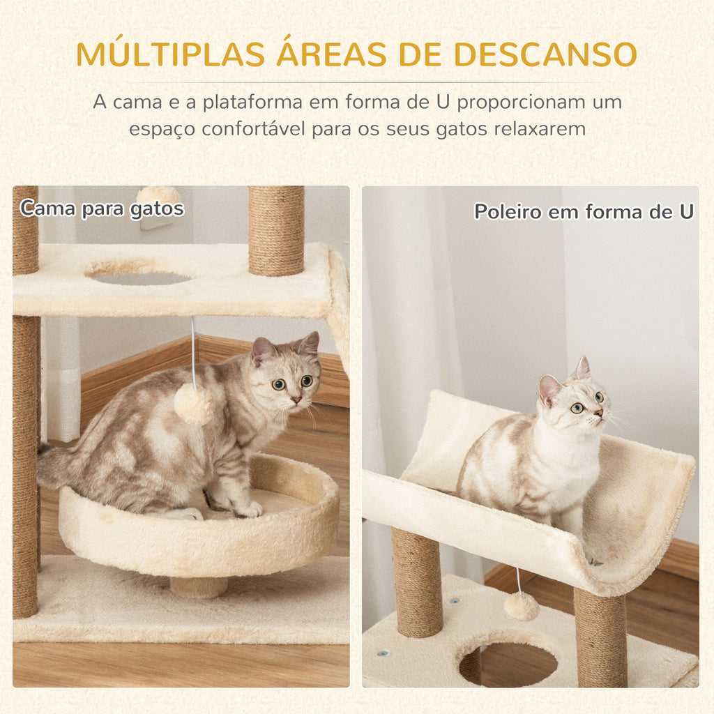 PawHut Arrador para Gatos Arranhador para Gatos Altura 76 cm com 4 Postes de Arranhar Cama Plataforma em U Almofada para Arranhar Bolas Suspensas Bege e Castanho Claro