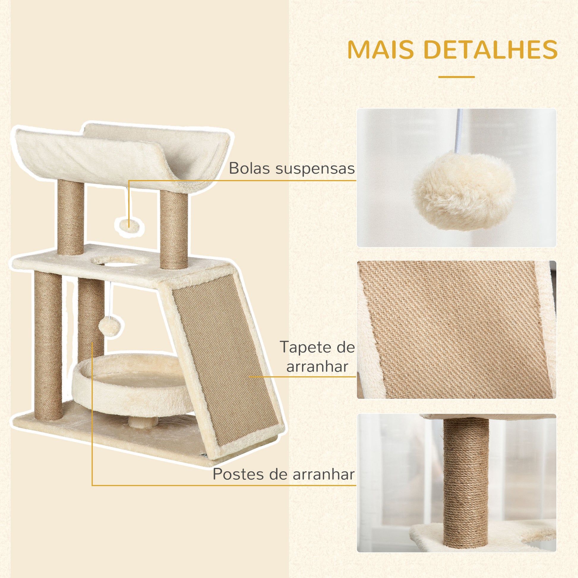 PawHut Arrador para Gatos Arranhador para Gatos Altura 76 cm com 4 Postes de Arranhar Cama Plataforma em U Almofada para Arranhar Bolas Suspensas Bege e Castanho Claro