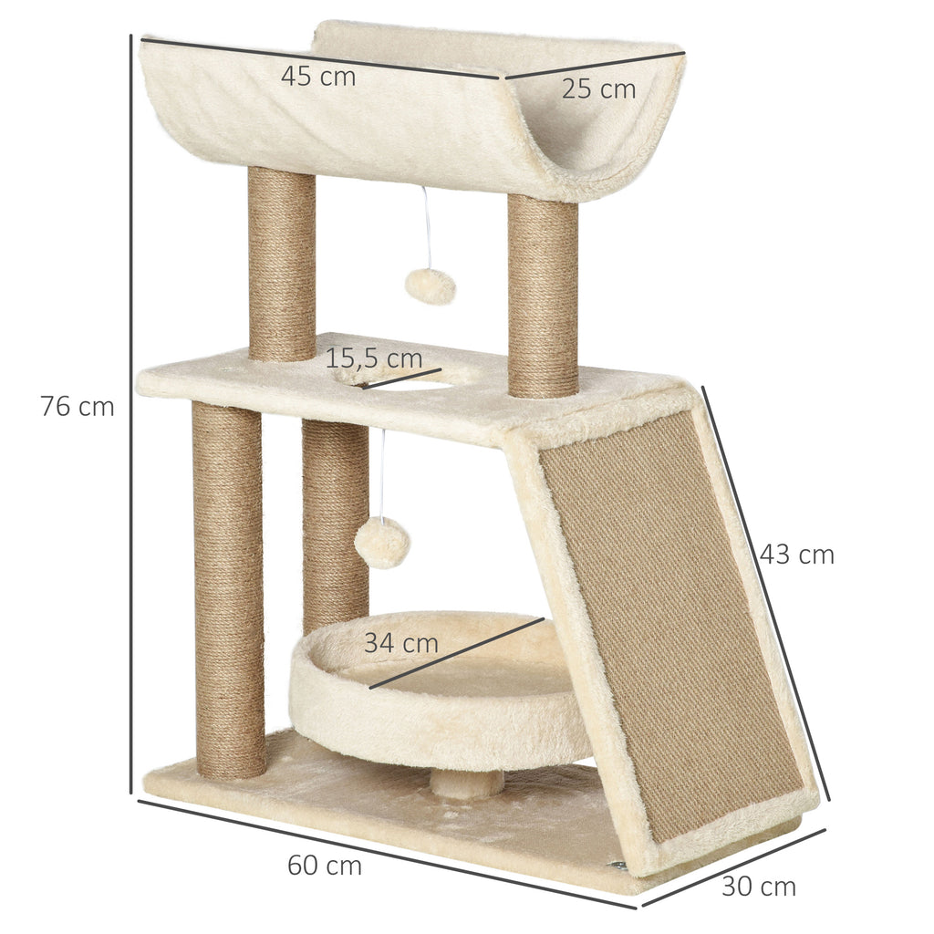 PawHut Arrador para Gatos Arranhador para Gatos Altura 76 cm com 4 Postes de Arranhar Cama Plataforma em U Almofada para Arranhar Bolas Suspensas Bege e Castanho Claro