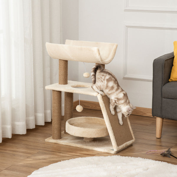 PawHut Arrador para Gatos Arranhador para Gatos Altura 76 cm com 4 Postes de Arranhar Cama Plataforma em U Almofada para Arranhar Bolas Suspensas Bege e Castanho Claro