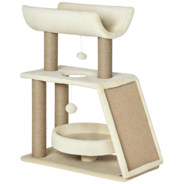 PawHut Arrador para Gatos Arranhador para Gatos Altura 76 cm com 4 Postes de Arranhar Cama Plataforma em U Almofada para Arranhar Bolas Suspensas Bege e Castanho Claro