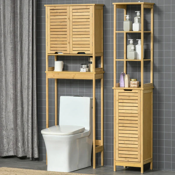 kleanklin Móvel de Bambú sobre Sanita Armário Alto para Casa de Banho com 2 Portas 1 Prateleira Interior e 1 Prateleira de Armazenamento 60x23x173cm Natural