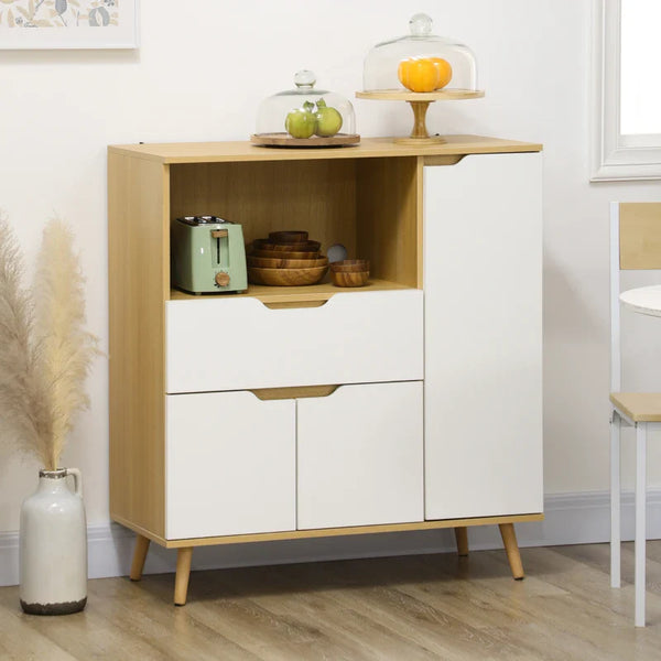 Aparador Auxiliar para Micro-Ondas Armário de Cozinha Moderno com Gaveta 3 Portas e Compartimento Aparador Buffet para Sala de Jantar 90x40x98,5 cm Branco
