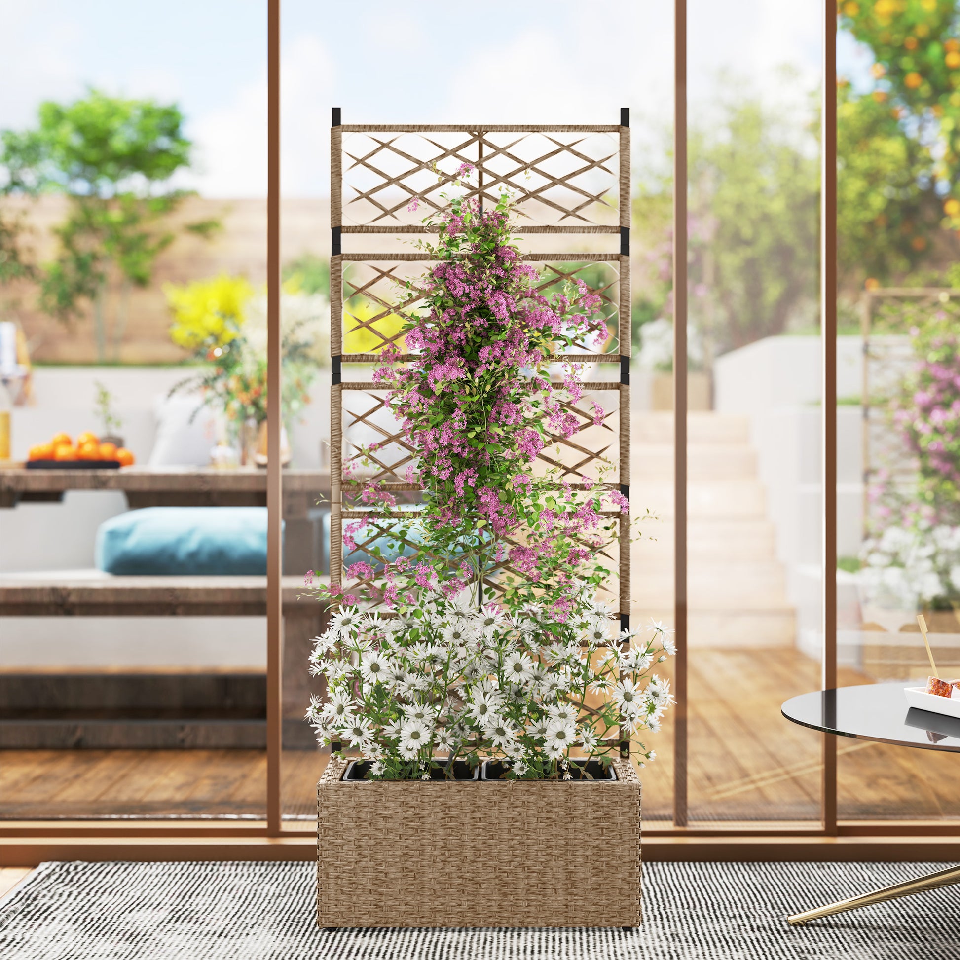 Jardineira com Treliça 2 Vasos Amovíveis para Plantas Trepadeiras Jardineira Grande para Exterior de Vime para Pátio Terraço 57x30x150 cm Madeira