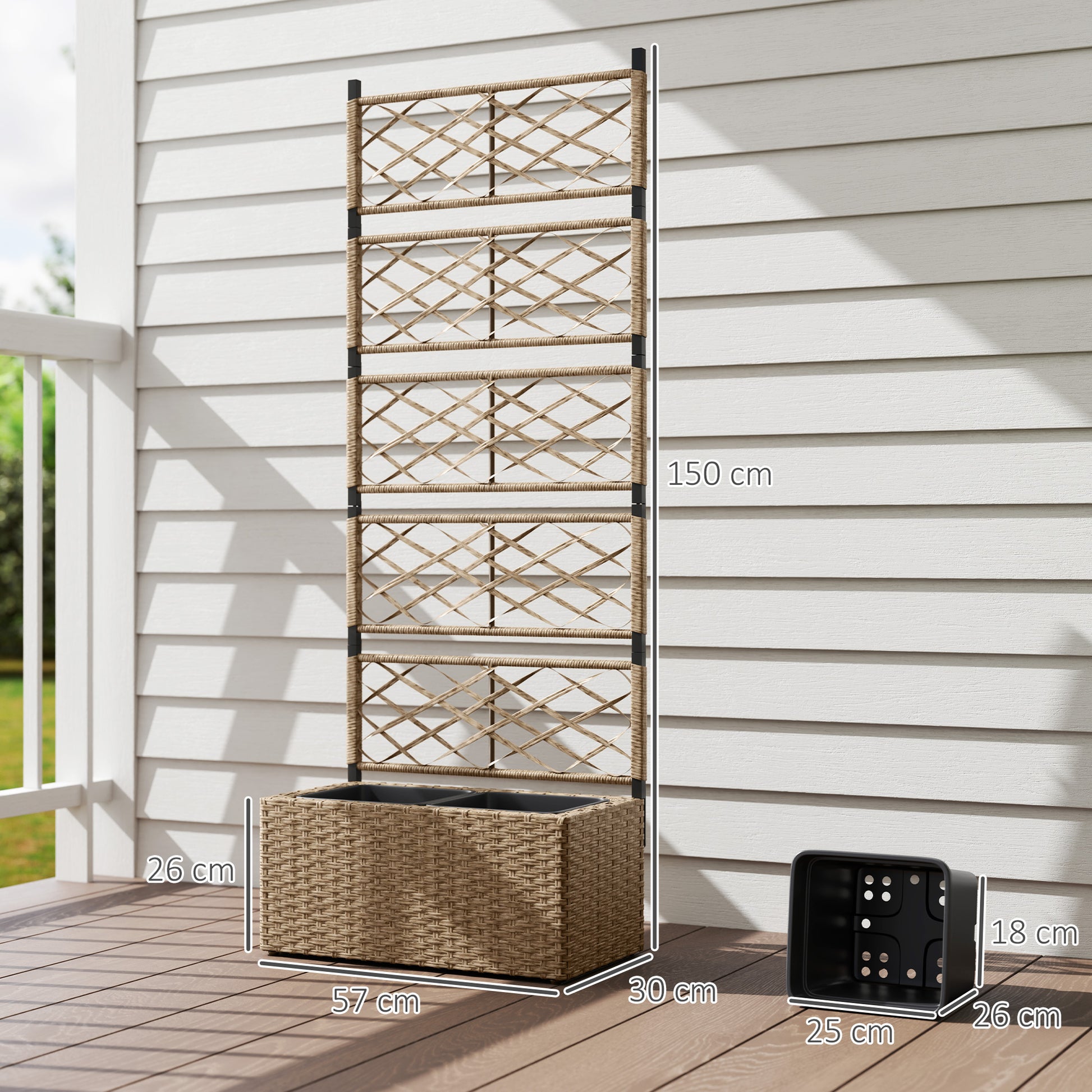Jardineira com Treliça 2 Vasos Amovíveis para Plantas Trepadeiras Jardineira Grande para Exterior de Vime para Pátio Terraço 57x30x150 cm Madeira