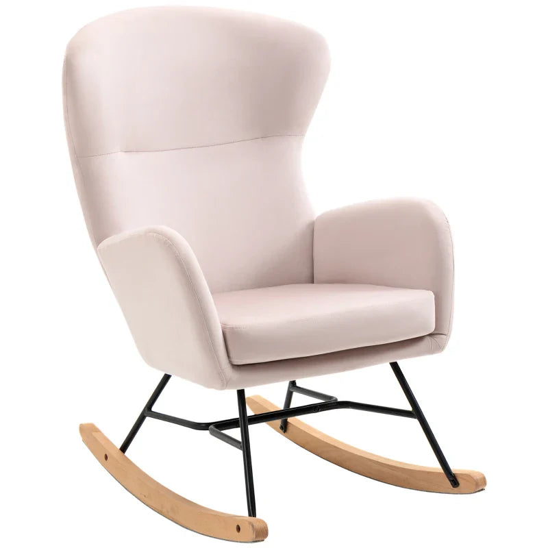 Poltrona Baloiço Estofada em Veludo Poltrona Baloiço Relax com Assento Acolchoado Apoio para os Braços e Pés de Madeira de Faia para Sala de Estar Dormitório 65x87x102cm Rosa