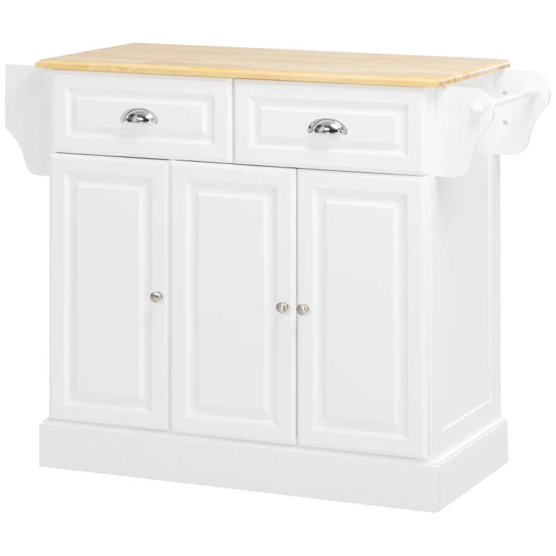 Carrinho de Cozinha Ilha de Cozinha com Rodas Móvel Multifuncional com 2 Gavetas 3 Armários Suporte para Panos e para Temperos para Sala de Jantar 110x45x89cm Branco