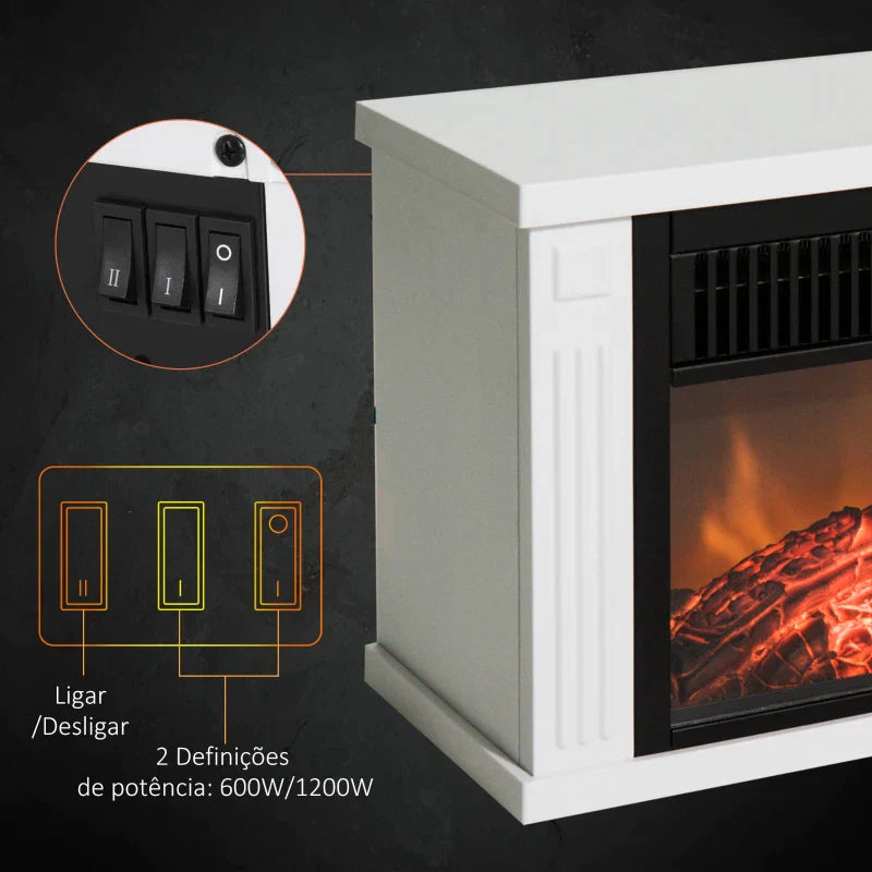 Lareira Elétrica Portátil Lareira Elétrica Compacta com Termostato Ajustável 600W/1200W e Efeito de Chama Realista 34x17x25cm Branco