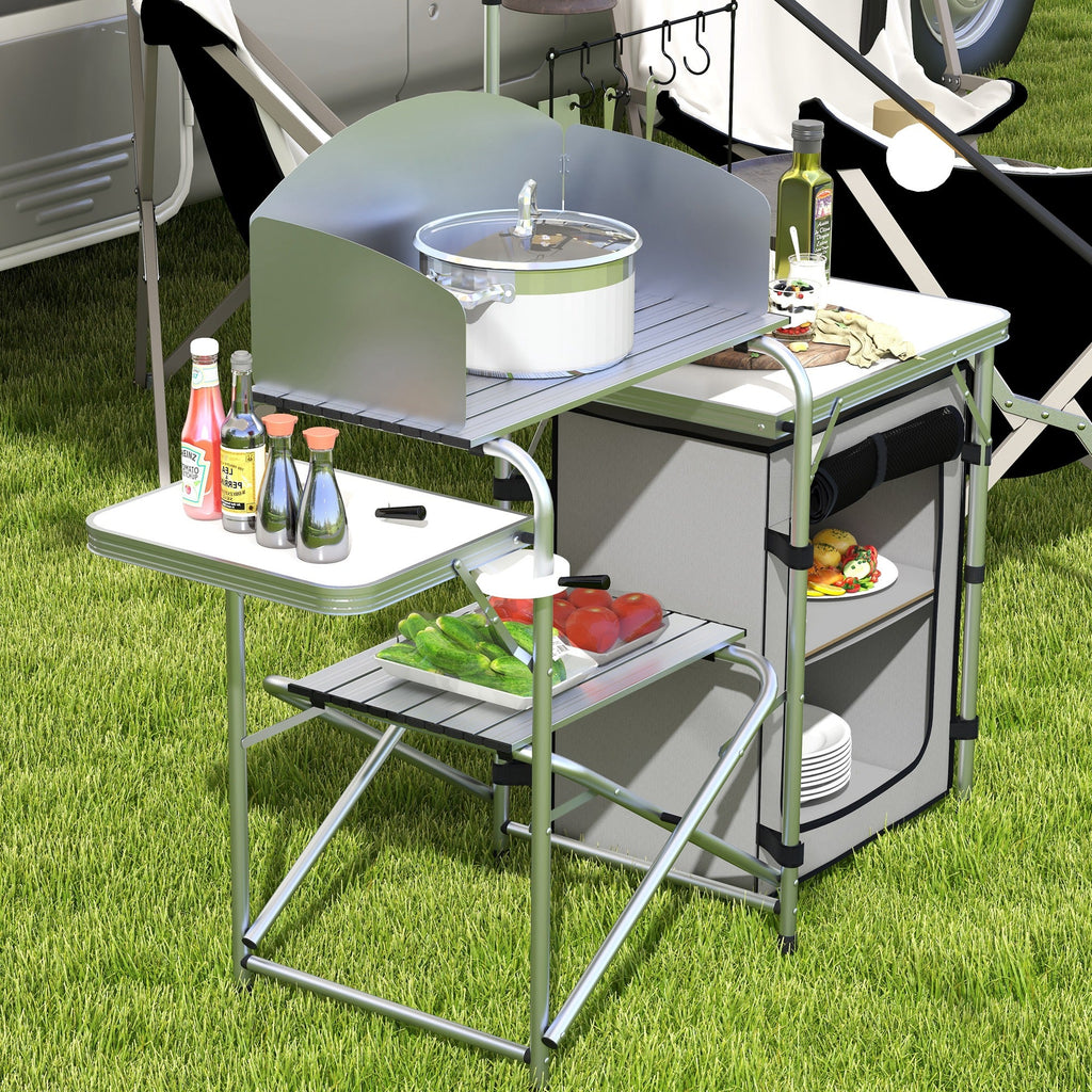 Móvel de Cozinha para Campismo Armário para Campismo Dobrável com Mesas Estante Suporte de Luz Ganchos e Bolsa de Transporte para Campismo Piquenique 144x48x119 cm Prata e Cinza Claro