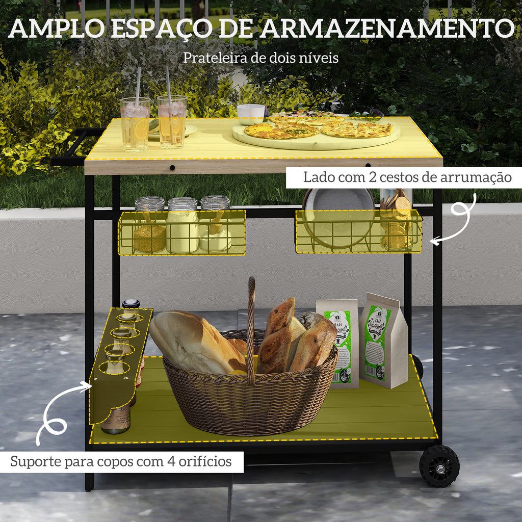 Carrinho Auxiliar com Rodas de Madeira Carro de Serviço com 2 Prateleiras 2 Cestas Metálicas e Suportes para Garrafas para Jardim Varanda Pátio 97,5x65x81 cm Madeira e Preto
