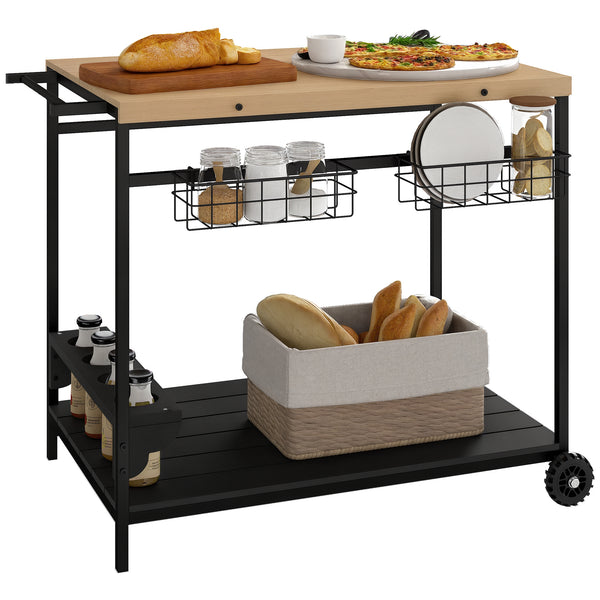 Carrinho Auxiliar com Rodas de Madeira Carro de Serviço com 2 Prateleiras 2 Cestas Metálicas e Suportes para Garrafas para Jardim Varanda Pátio 97,5x65x81 cm Madeira e Preto