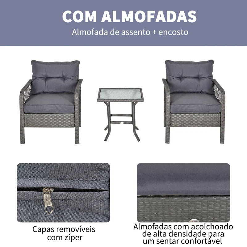 Conjunto de móveis de rattan de jardim 3 peças 2 poltronas 65x66x75 cm e 1 mesa de vidro temperado 50x50x50 cm com almofadas acolchoadas para terraço pátio cinza