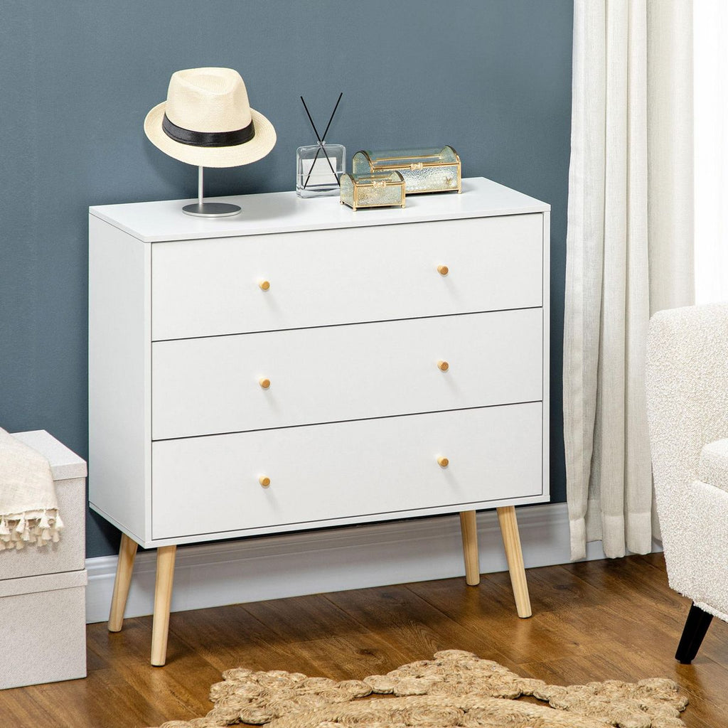Cómoda com 3 Gavetas Cómoda de Dormitório com Pés de Madeira de Pinho para Sala de Estar Escritório Carga Máxima 70 kg 80x30x80 cm Branco e Madeira