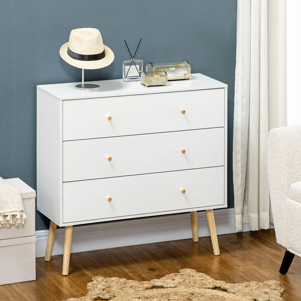 Cómoda com 3 Gavetas Cómoda de Dormitório com Pés de Madeira de Pinho para Sala de Estar Escritório Carga Máxima 70 kg 80x30x80 cm Branco e Madeira