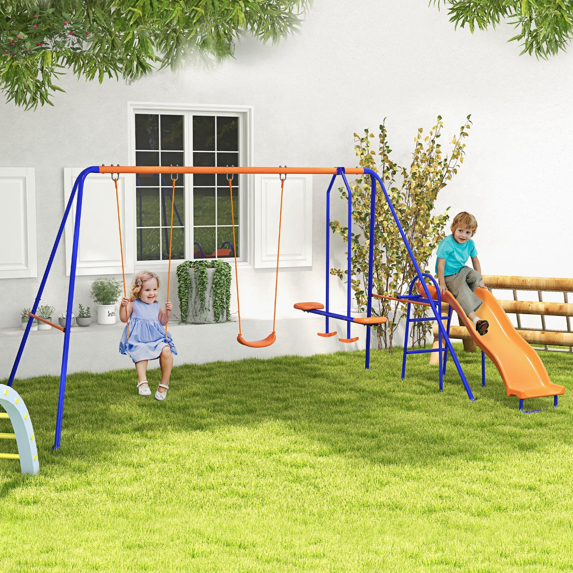 Baloiço Infantil 4 em 1 para Exterior – 367x192x180 cm – 2 Baloiços Individuais, Baloiço Planador, Escorrega, Corda Ajustável e Proteção UV - A minha loja