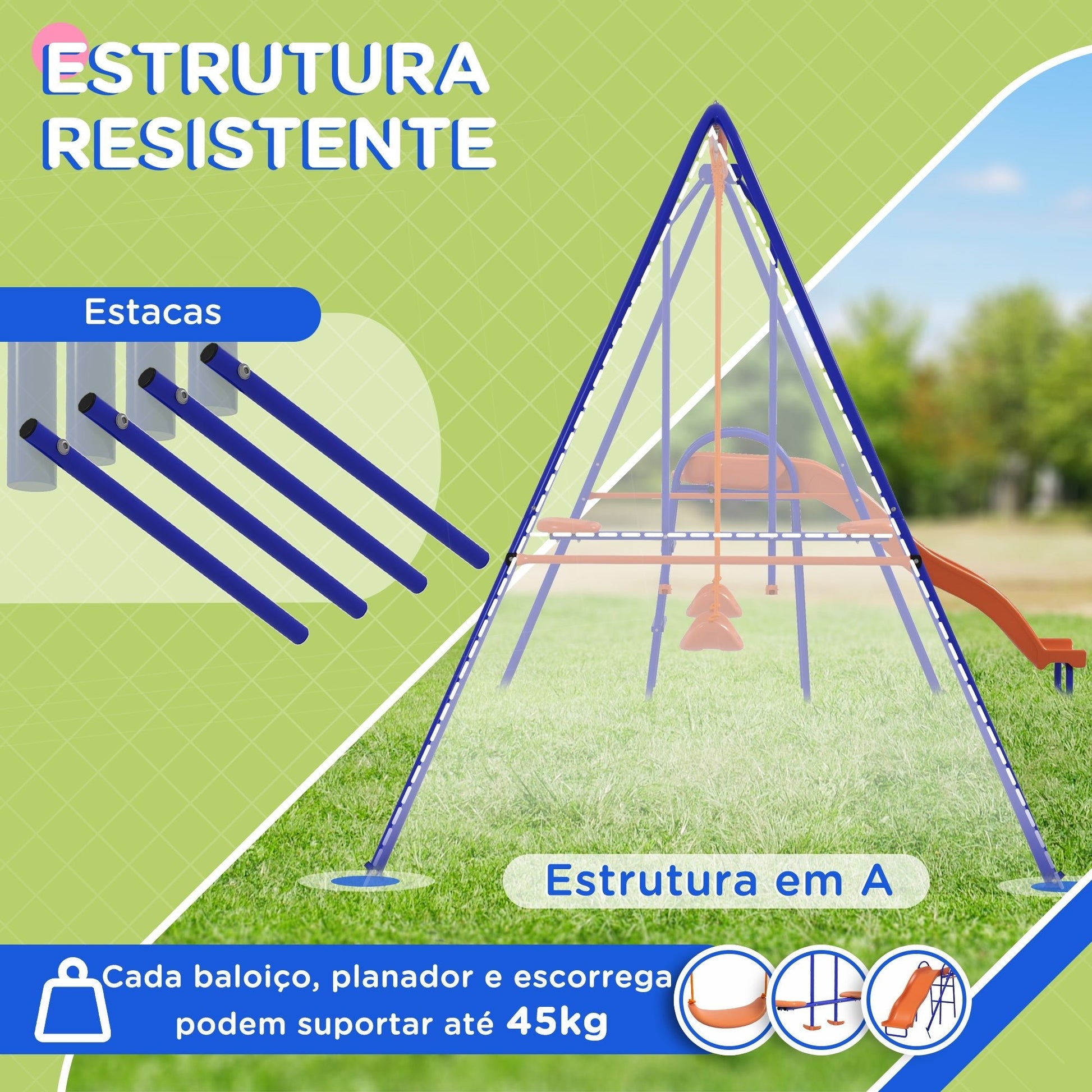 Baloiço Infantil 4 em 1 para Exterior – 367x192x180 cm – 2 Baloiços Individuais, Baloiço Planador, Escorrega, Corda Ajustável e Proteção UV - A minha loja
