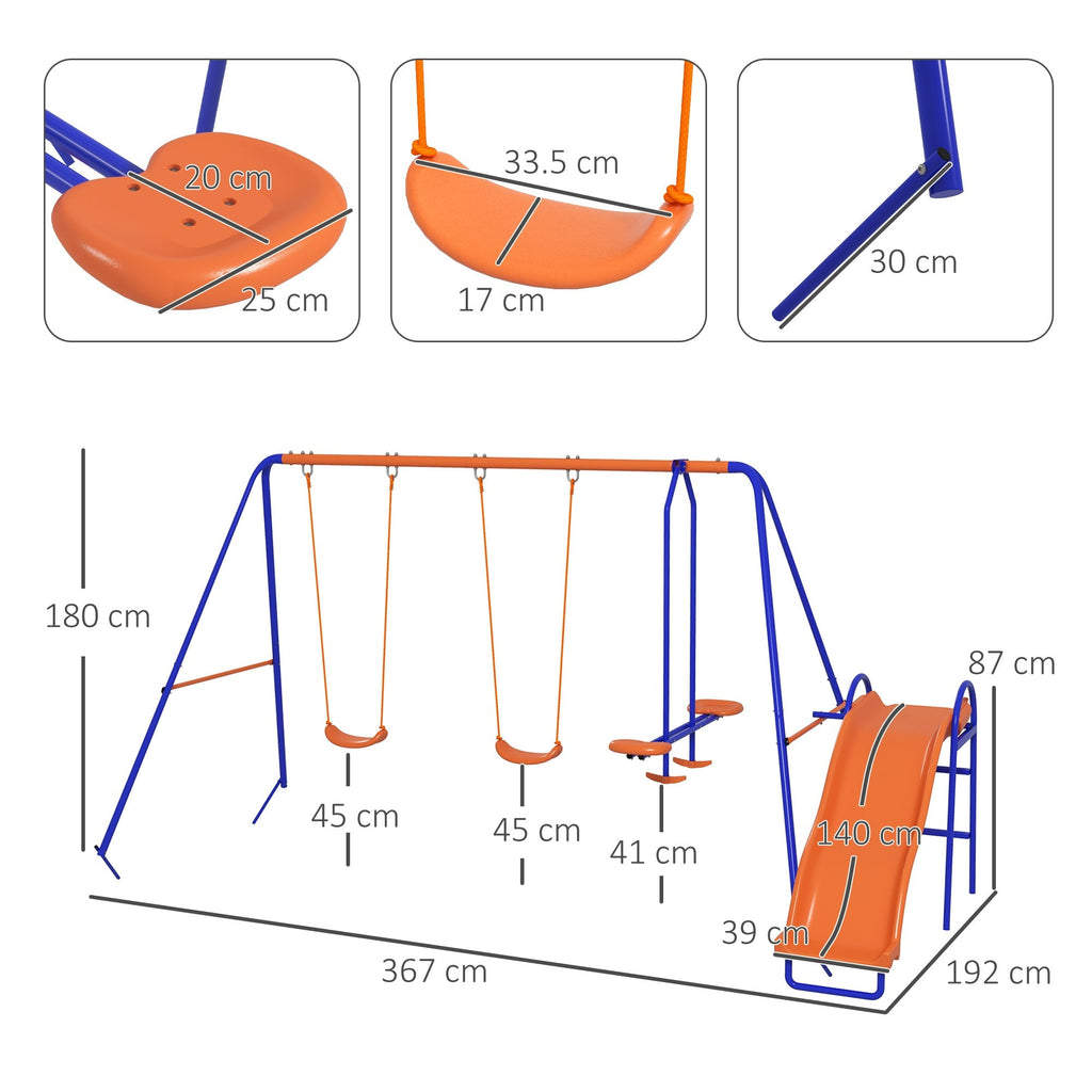 Baloiço Infantil 4 em 1 para Exterior – 367x192x180 cm – 2 Baloiços Individuais, Baloiço Planador, Escorrega, Corda Ajustável e Proteção UV - A minha loja