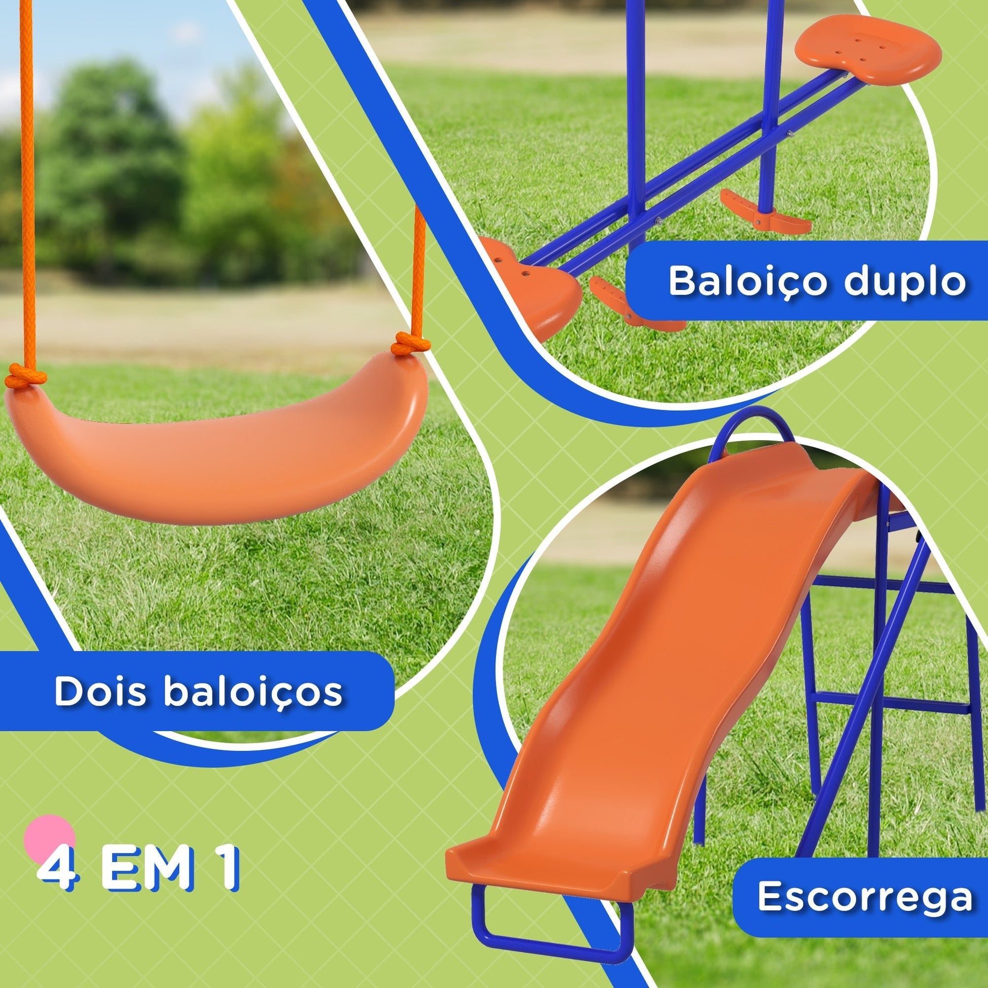 Baloiço Infantil 4 em 1 para Exterior – 367x192x180 cm – 2 Baloiços Individuais, Baloiço Planador, Escorrega, Corda Ajustável e Proteção UV - A minha loja