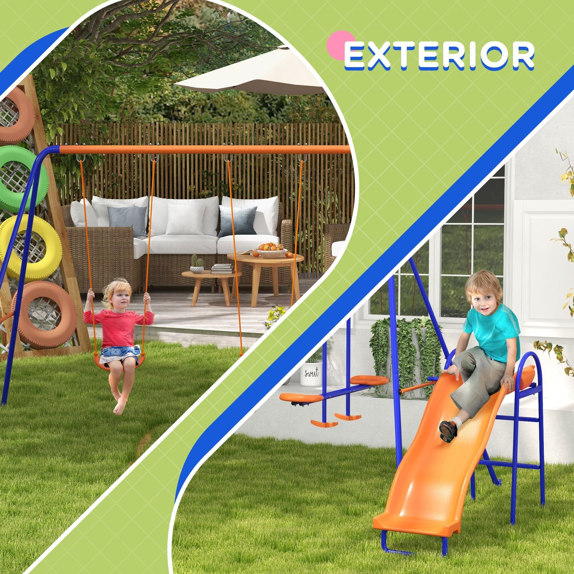 Baloiço Infantil 4 em 1 para Exterior – 367x192x180 cm – 2 Baloiços Individuais, Baloiço Planador, Escorrega, Corda Ajustável e Proteção UV - A minha loja
