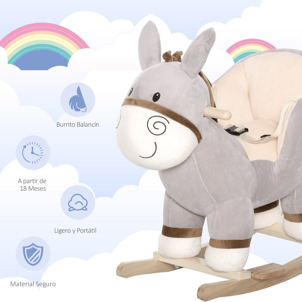Baloiço Infantil em Forma de Burro de Pelúcia para Bebés 18 - 36 Meses com Som Cinto de Segurança Guidão Apoio para os Pés 61x34x58 cm Cinza - A minha loja