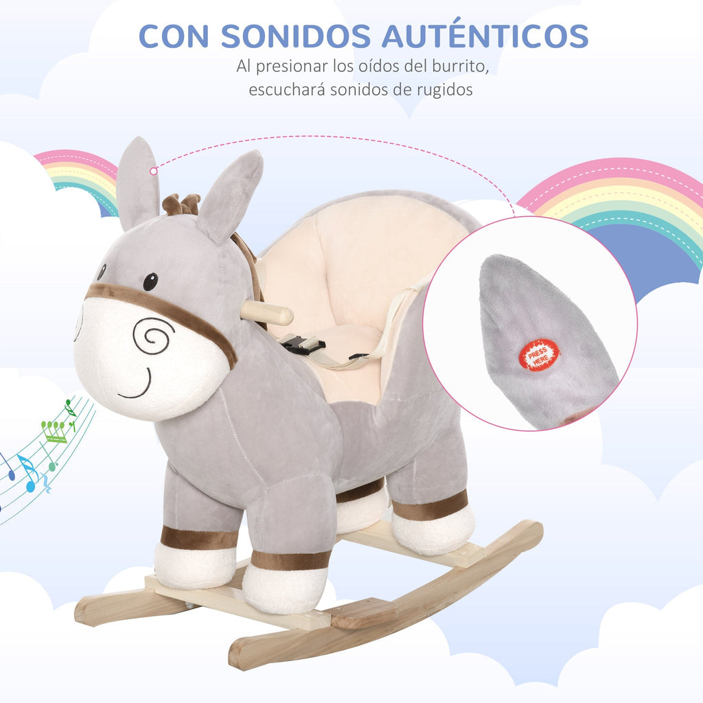 Baloiço Infantil em Forma de Burro de Pelúcia para Bebés 18 - 36 Meses com Som Cinto de Segurança Guidão Apoio para os Pés 61x34x58 cm Cinza - A minha loja