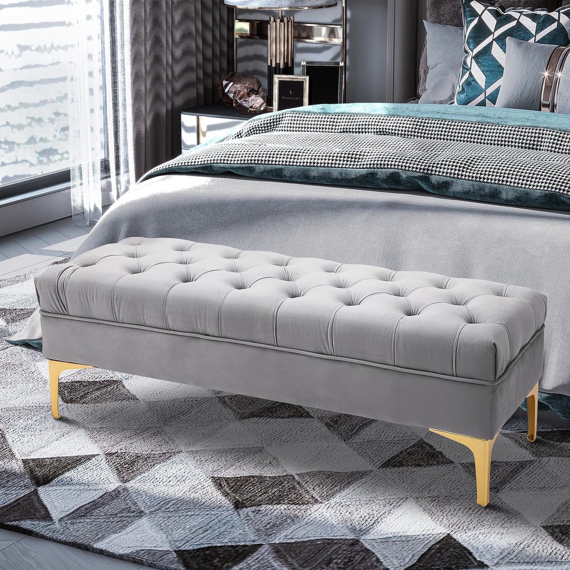 Banco de Pé/Fundo de Cama “Eir” – Assento Acolchoado em Veludo com Pés Dourados | 118x45x42 cm – Cinza Claro - A minha loja