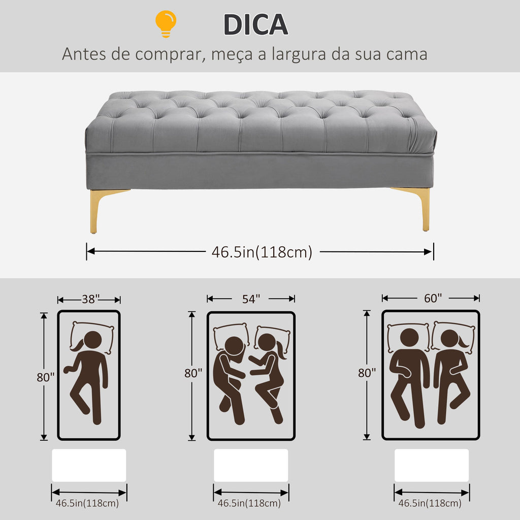 Banco de Pé/Fundo de Cama “Eir” – Assento Acolchoado em Veludo com Pés Dourados | 118x45x42 cm – Cinza Claro - A minha loja