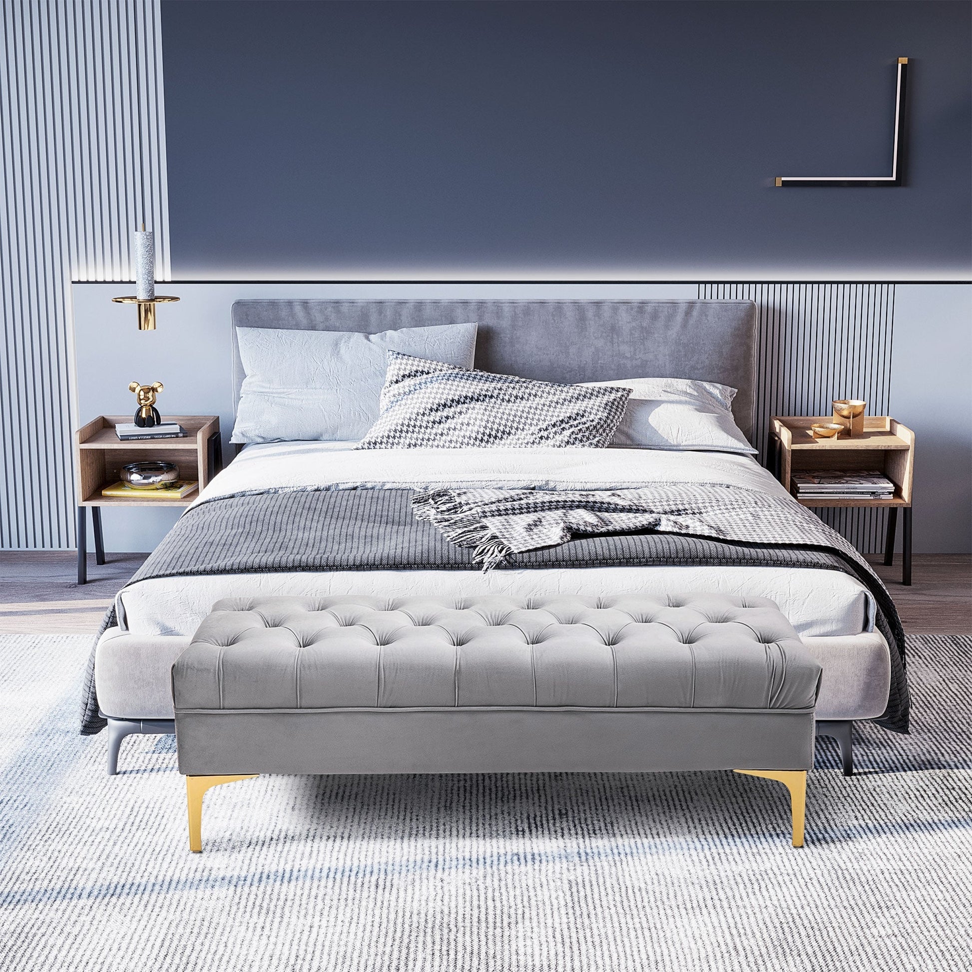 Banco de Pé/Fundo de Cama “Eir” – Assento Acolchoado em Veludo com Pés Dourados | 118x45x42 cm – Cinza Claro - A minha loja