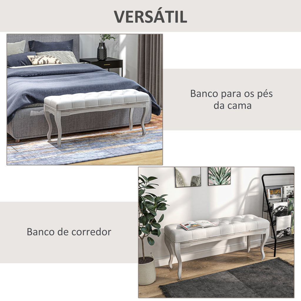 Banco de Pé/Fundo de Cama “Ingrid” – Estilo Vintage com Assento Acolchoado e Pés de Madeira | 110x37x49 cm – Creme - A minha loja