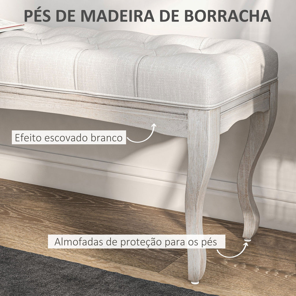 Banco de Pé/Fundo de Cama “Ingrid” – Estilo Vintage com Assento Acolchoado e Pés de Madeira | 110x37x49 cm – Creme - A minha loja