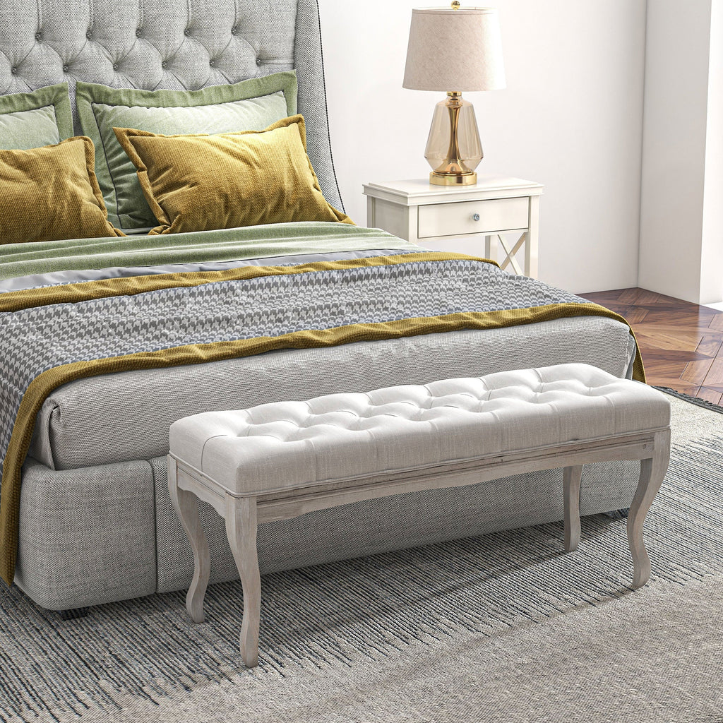 Banco de Pé/Fundo de Cama “Ingrid” – Estilo Vintage com Assento Acolchoado e Pés de Madeira | 110x37x49 cm – Creme - A minha loja