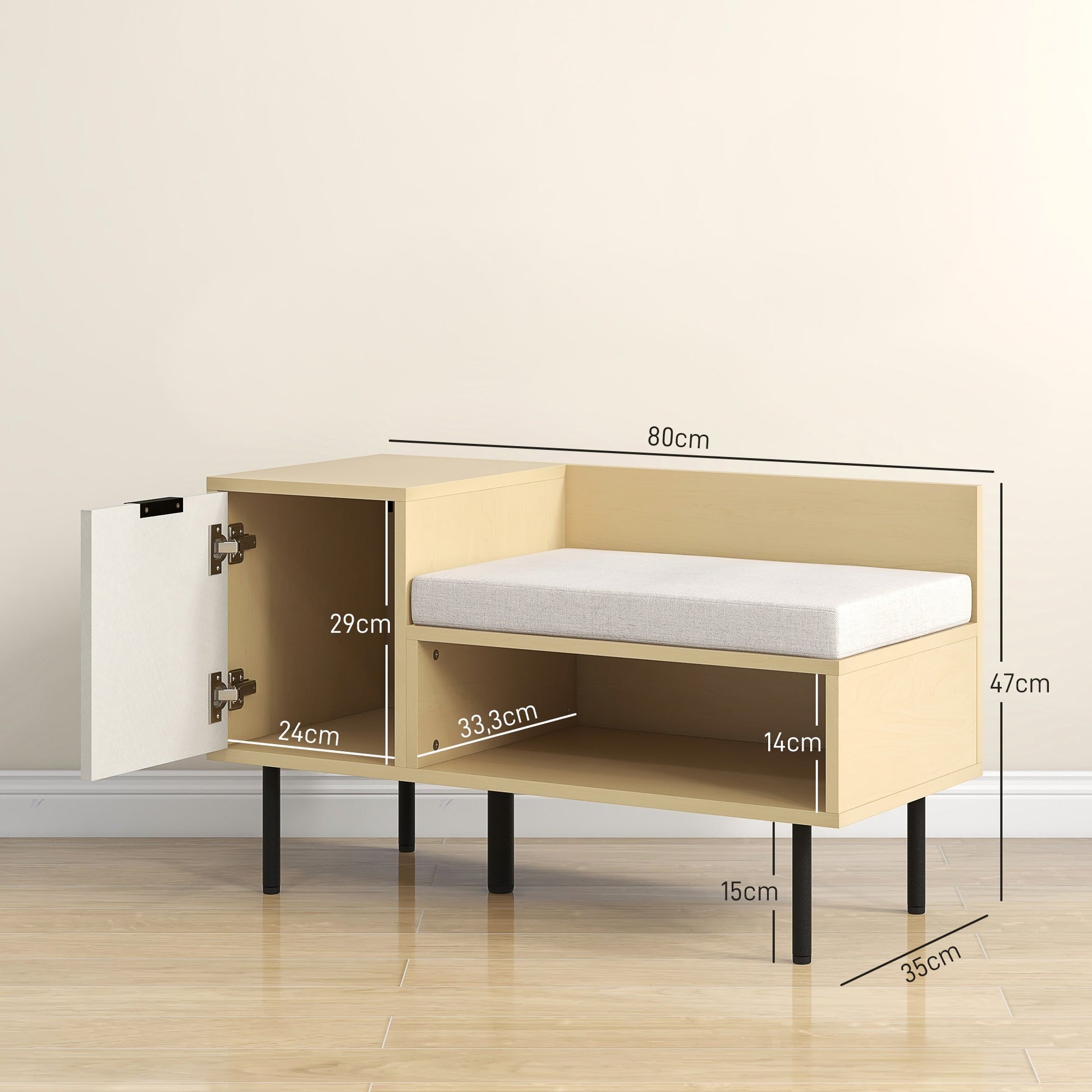 Banco Sapateira com Almofada – Modelo "Oslo" | Estrutura em Madeira e Metal, 80x35x47 cm – Madeira Natural e Cinzento Claro - A minha loja