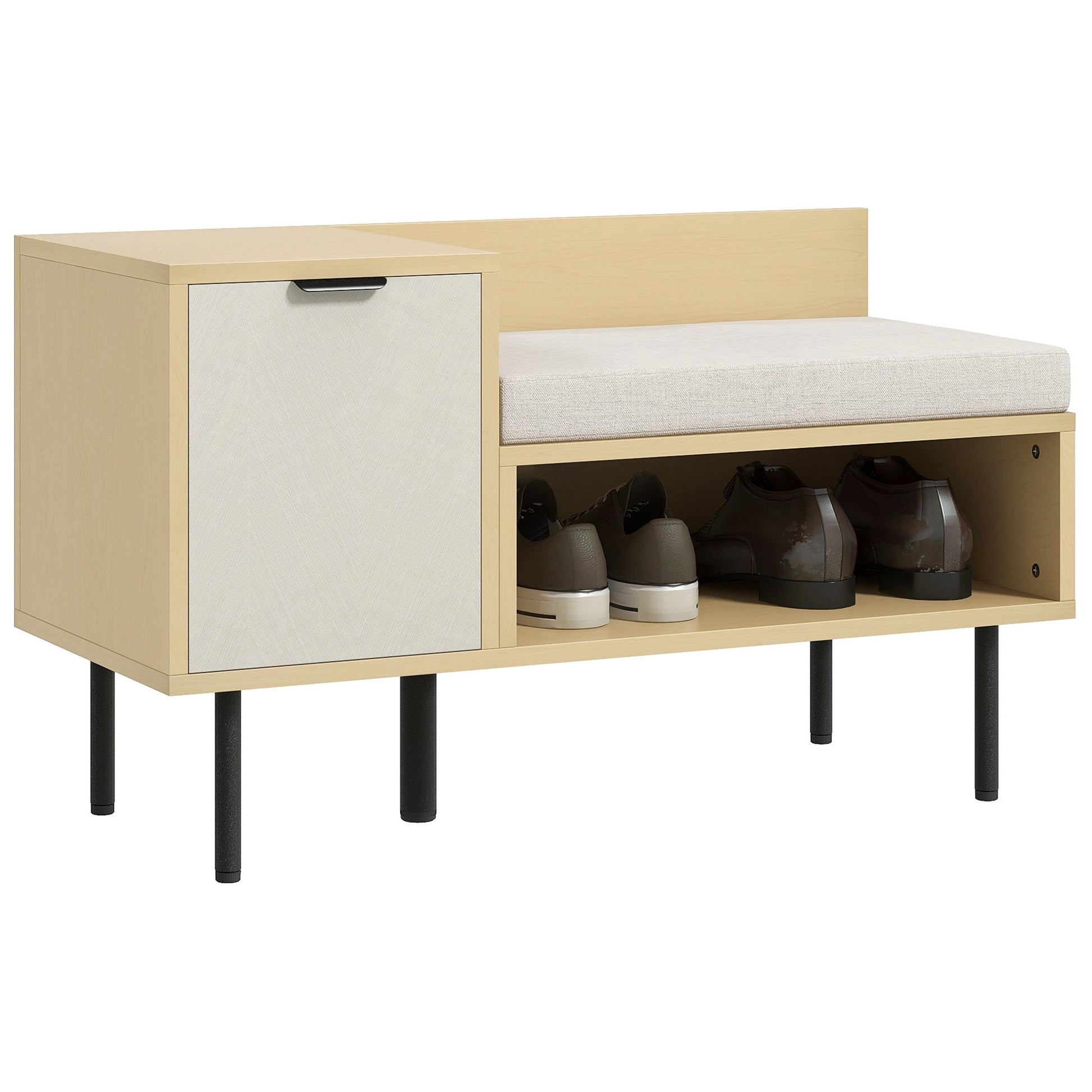 Banco Sapateira com Almofada – Modelo "Oslo" | Estrutura em Madeira e Metal, 80x35x47 cm – Madeira Natural e Cinzento Claro - A minha loja