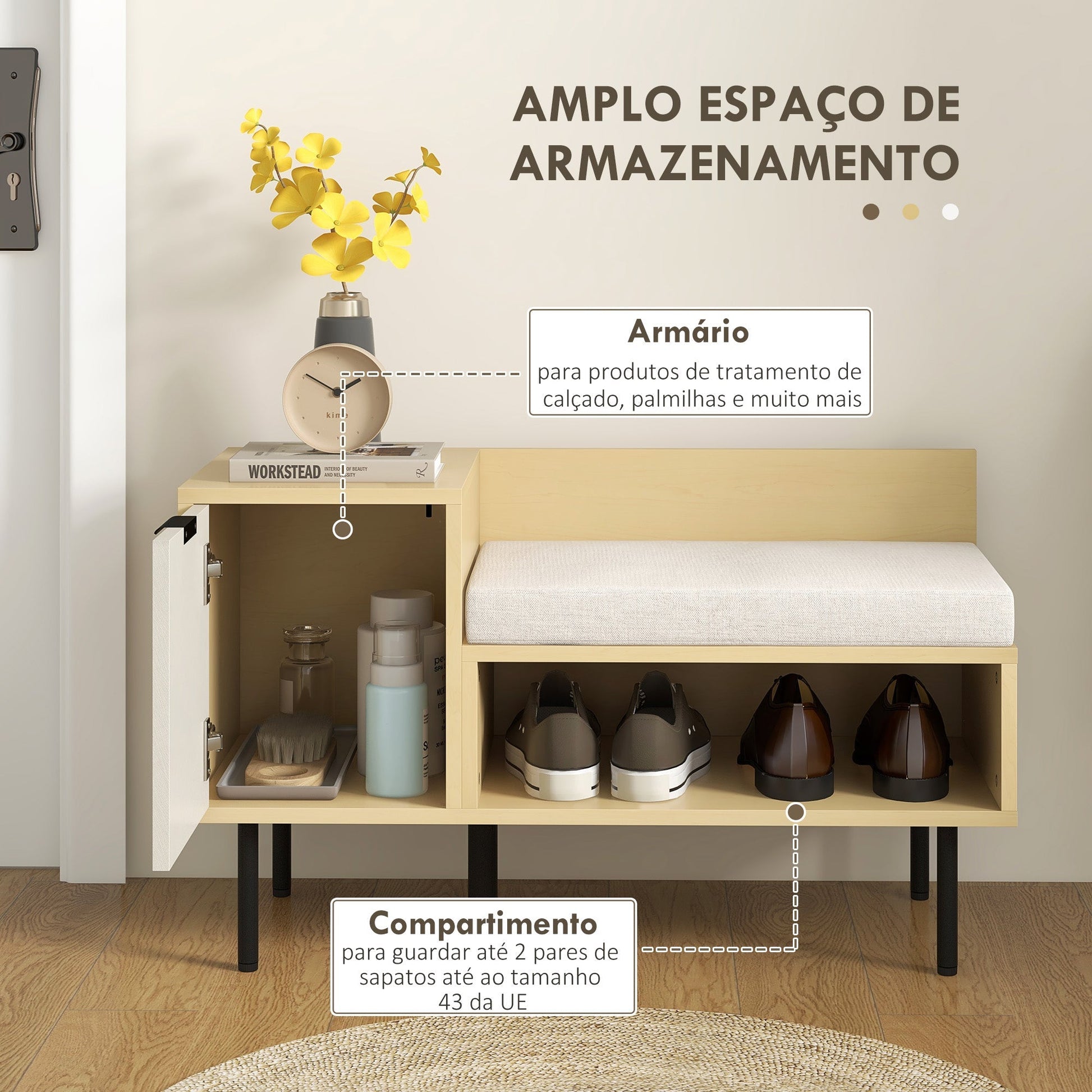 Banco Sapateira com Almofada – Modelo "Oslo" | Estrutura em Madeira e Metal, 80x35x47 cm – Madeira Natural e Cinzento Claro - A minha loja
