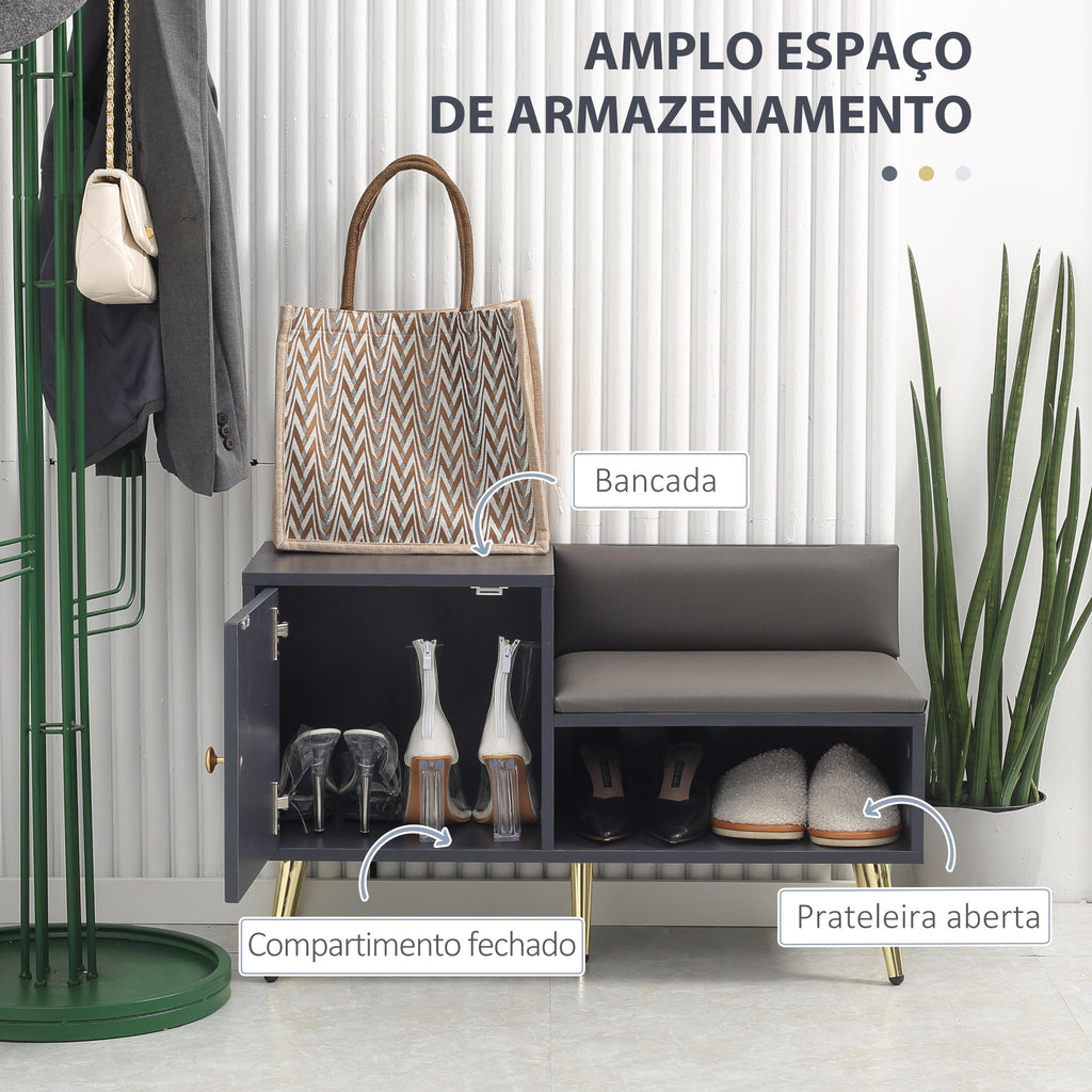 Banco Sapateira com Almofada – Modelo "Skagen" | Estrutura em Madeira e Aço, 80x33x49 cm – Cinza Escuro - A minha loja
