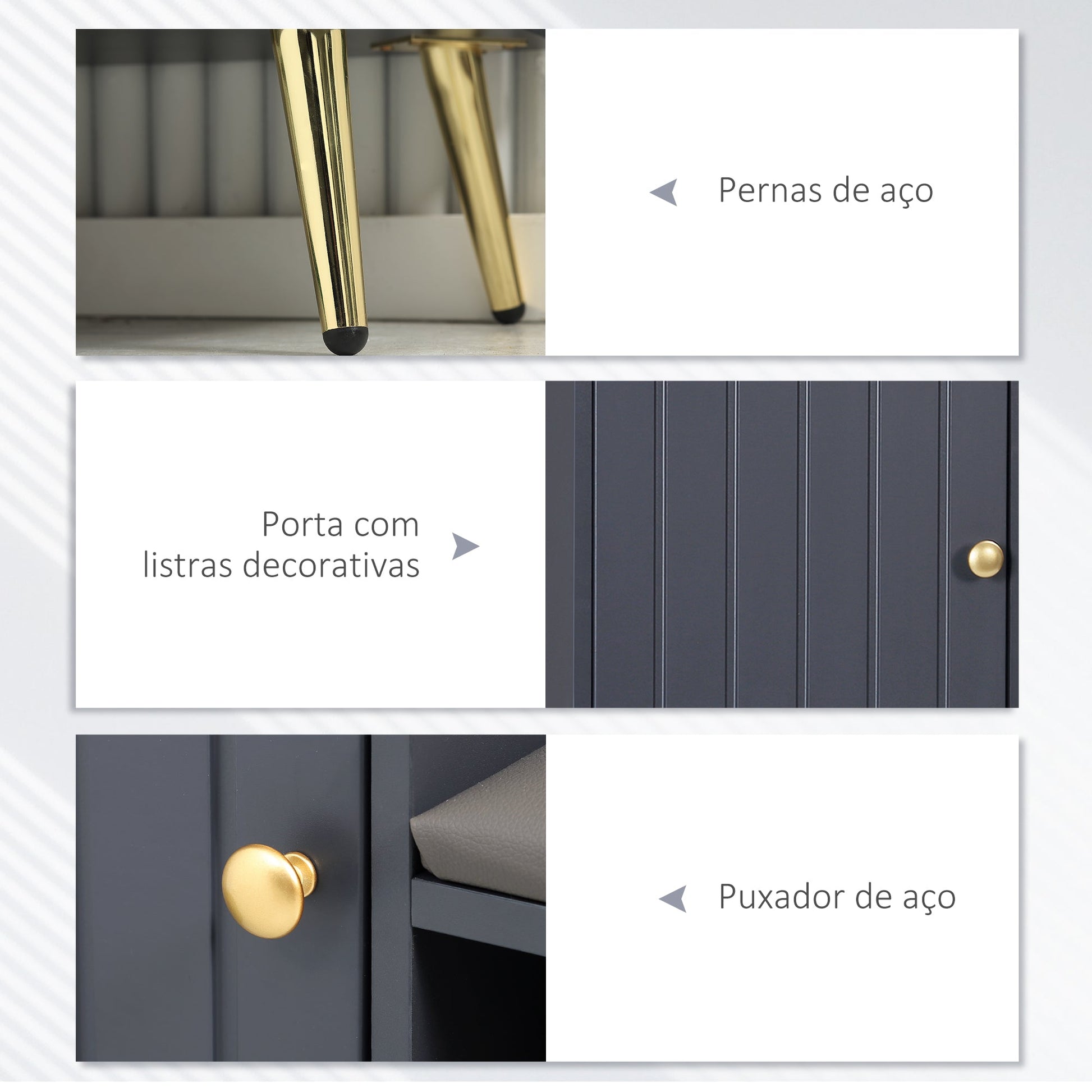 Banco Sapateira com Almofada – Modelo "Skagen" | Estrutura em Madeira e Aço, 80x33x49 cm – Cinza Escuro - A minha loja
