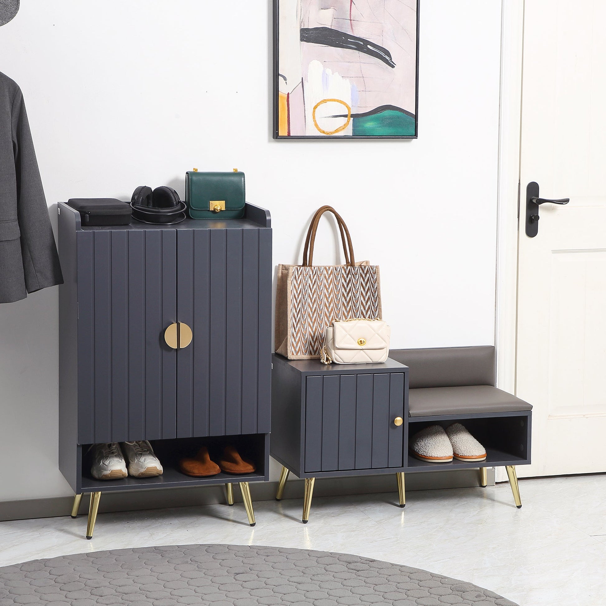 Banco Sapateira com Almofada – Modelo "Skagen" | Estrutura em Madeira e Aço, 80x33x49 cm – Cinza Escuro - A minha loja