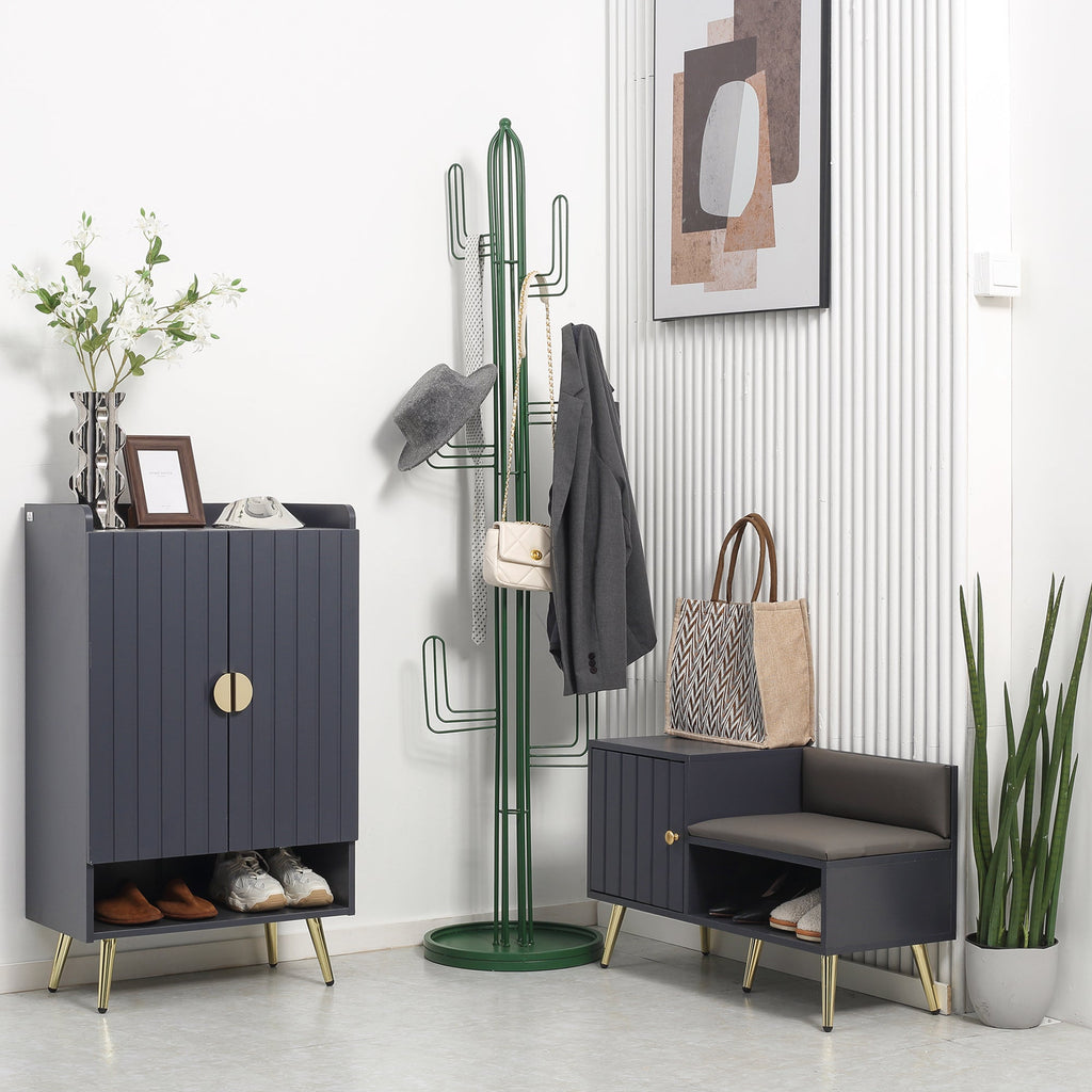 Banco Sapateira com Almofada – Modelo "Skagen" | Estrutura em Madeira e Aço, 80x33x49 cm – Cinza Escuro - A minha loja